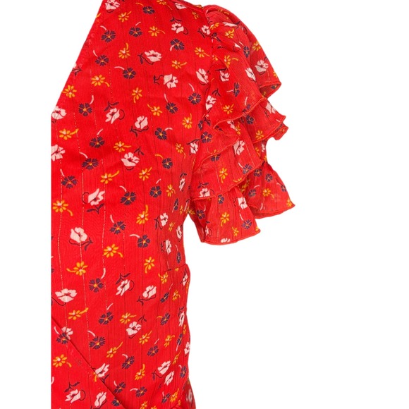 Madewell Tiered-Sleeve Peplum Top In Metallic Prairie Posies Red Floral Print 0 - Picture 5 of 9
